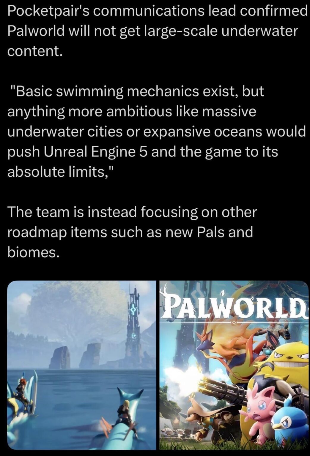 Palworld は大規模な水中コンテンツを取得しません