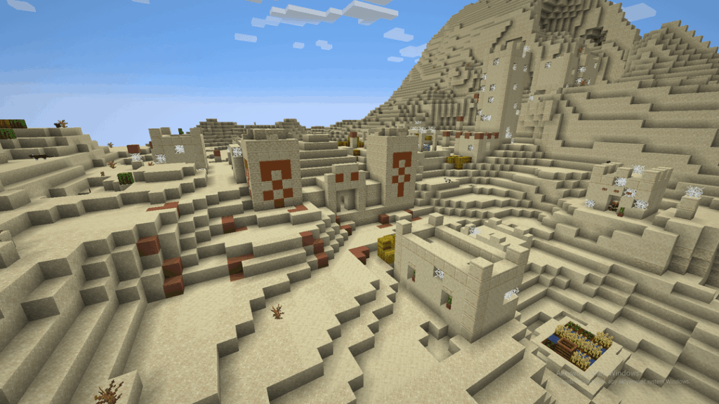 放棄された村と砂漠の寺院がスポーン時に重なる