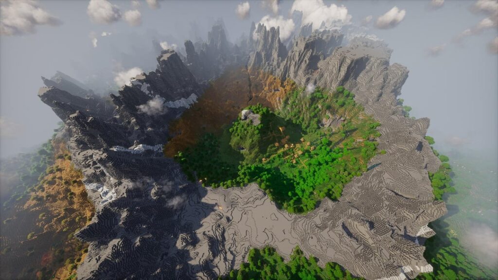 ジャングルとサバンナの山の火口の中にある石の多い山頂の丘と平原の村。