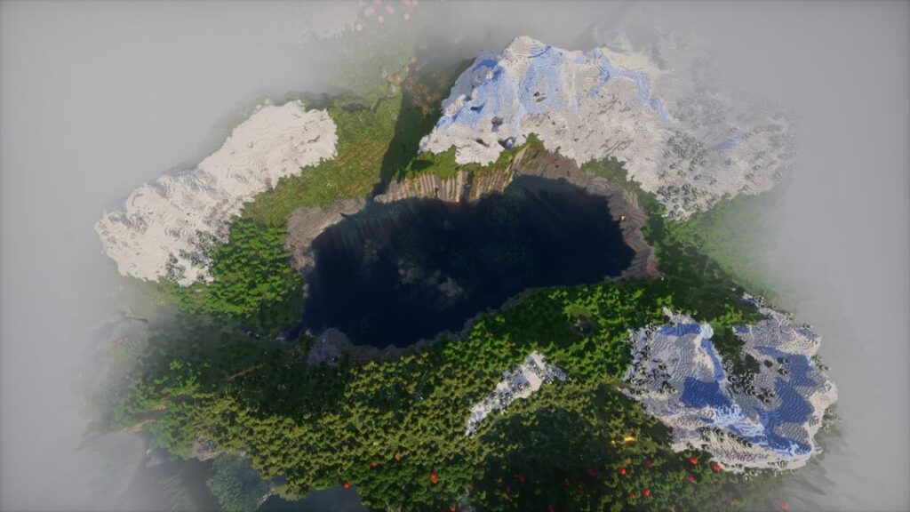 森と山の谷に囲まれた小さな海は、完璧な場所にある村と桜の木立につながっています。