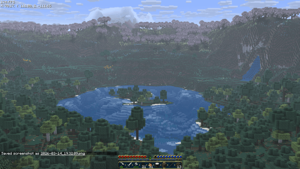 桜と森のある山々に囲まれた大きな湖に囲まれた小さな島