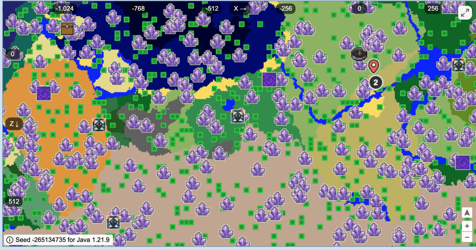 巨大なトライアルチャンバーとその近くに 20 ～ 25 個のアメジストジオードがあるクールシード