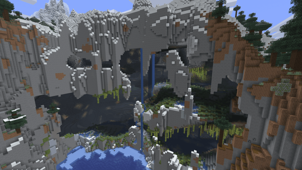 巨大な山の中に緑豊かな洞窟がある空洞の崖 [4238478938681669887 @ (994, 757)]