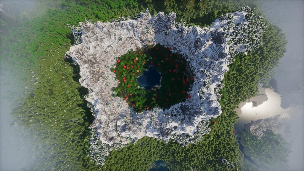 ダークオークの森とギザギザの峰の山のボウルと、スポーン時の湖。