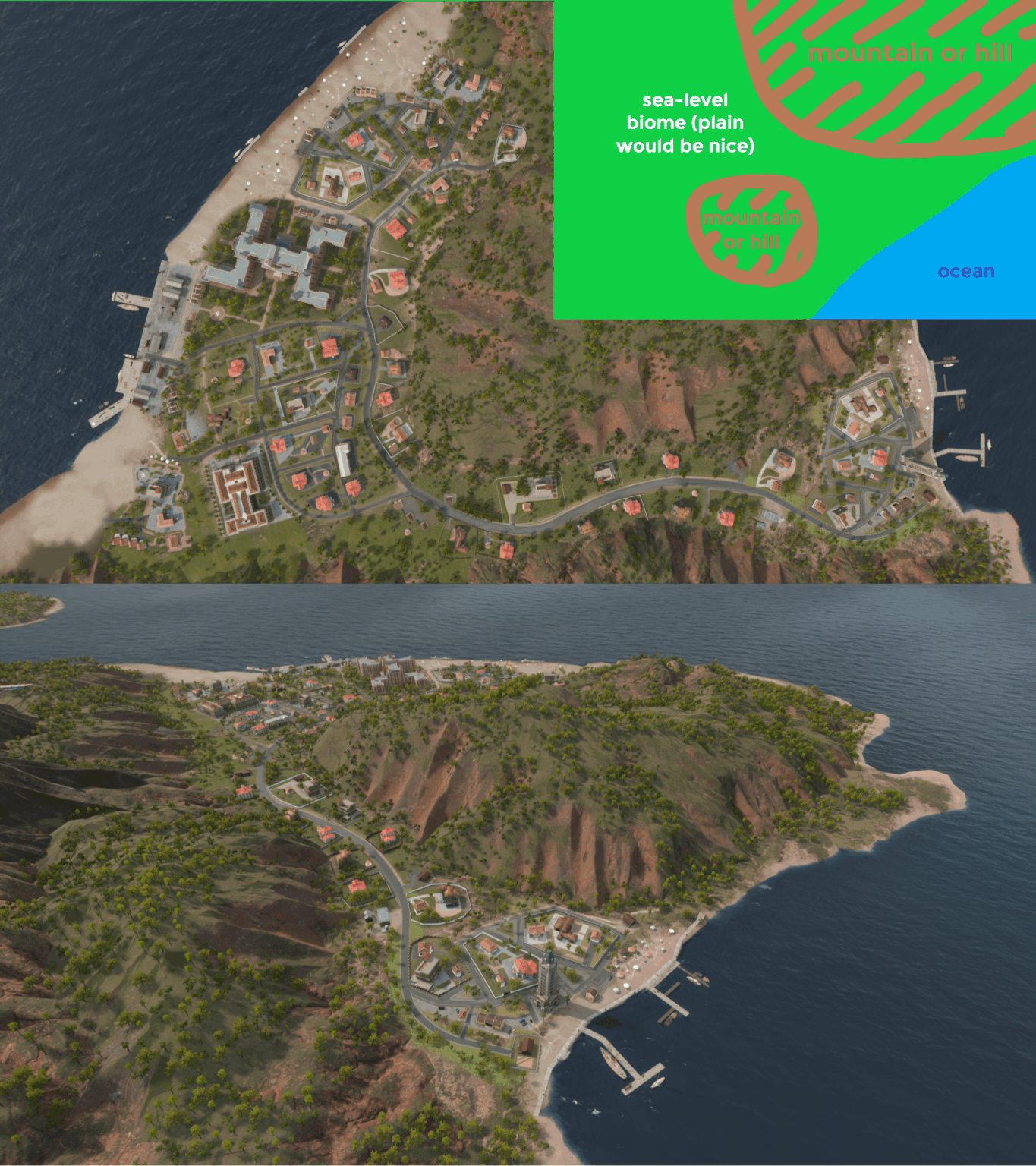誰かこのような種を見つけるのを手伝ってくれませんか？海の近くに 2 つの山があり、狭い通路が形成されており、スポーン内に 2000 ブロック?