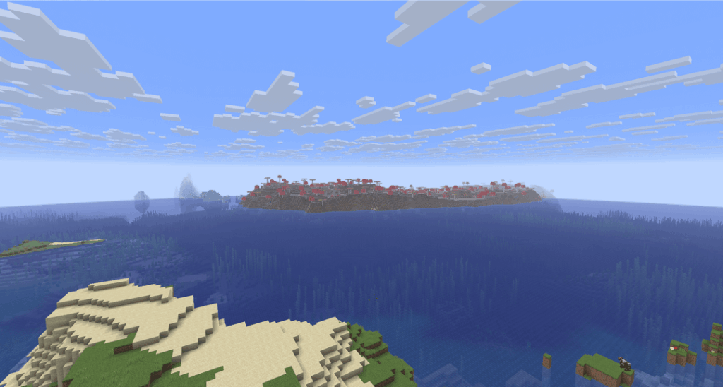 あなたはスポーンして、見上げると、海の向こうのキノコ畑の島です