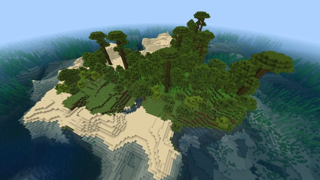 スポーン時に白樺と樫の木があるジャングルの島