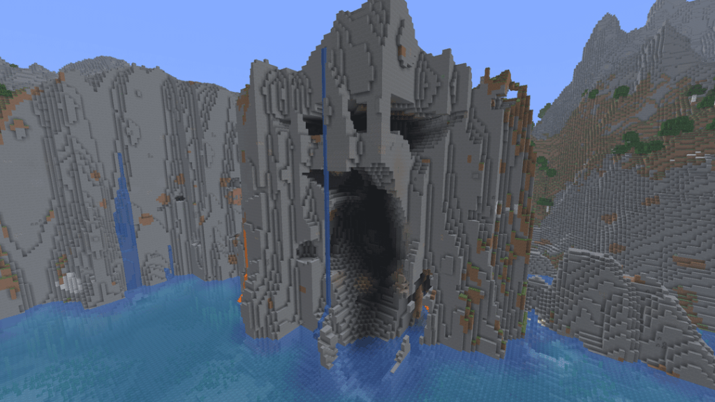 1500 ブロックの三角形の凍った山々のバイオーム近くにある足跡が刻まれた崖 [4238478939802817135 @ (-769, 1479)]