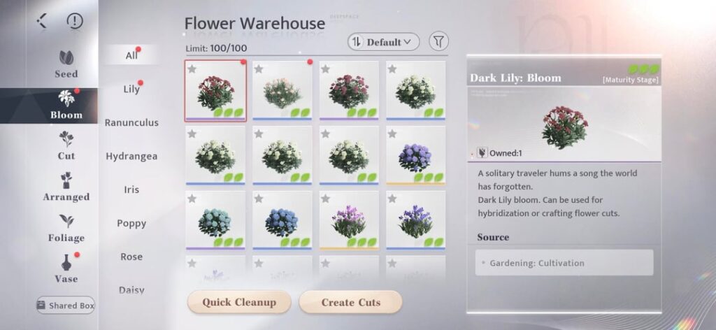 ジェレミーに花を売るオプションを与えてください。カットとブルームの在庫が両方とも上限に達しました