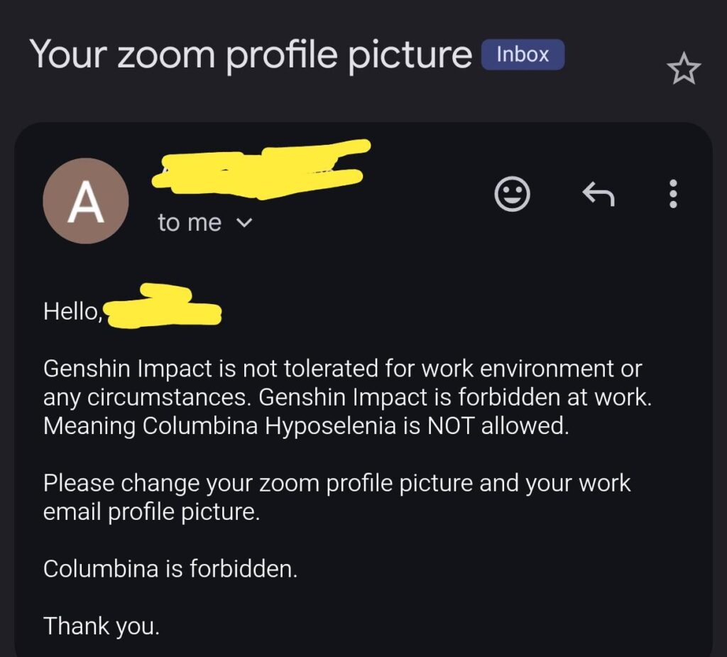 コロンビーナを職場に連れて行くことは禁止されています 😞