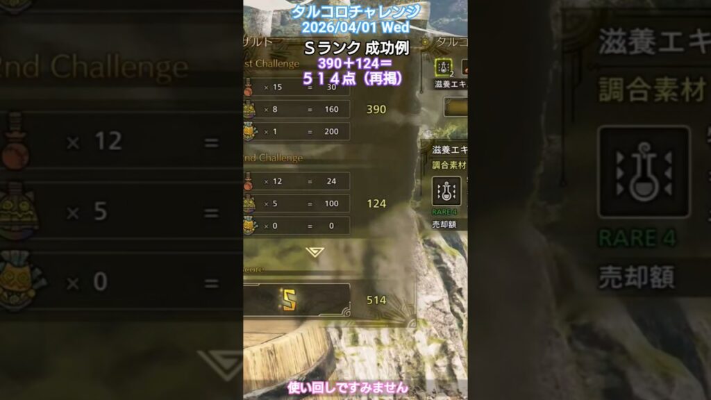 タルコロチャレンジ 2026/04/01 Ｓランク 成功例 390＋124＝514点 使い回しですみません