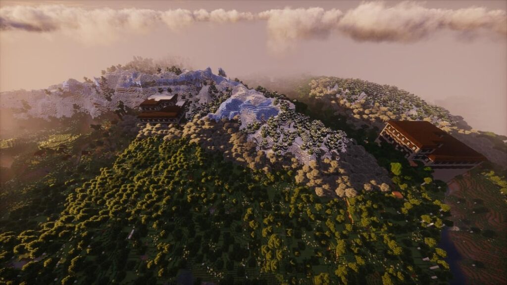 森の邸宅の周囲に 6 つのバイオームがあり、ネザー要塞につながる荒廃したポータルがある隣の 2 番目の邸宅を含む村があります。