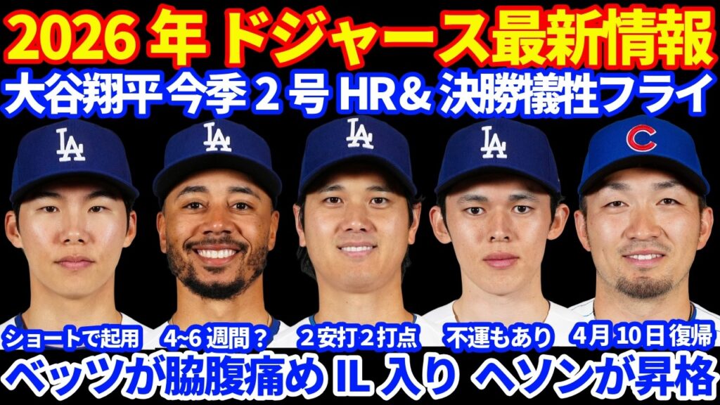 【IL入り💦】2026年ドジャース最新情報‼️ 大谷翔平2号ホームラン &決勝点犠牲フライ くり抜きバット💪 ベッツIL入りでヘソン昇格 佐々木朗希 不運もあり5回6失点 終盤に逆転で３連勝🧹🧹🧹