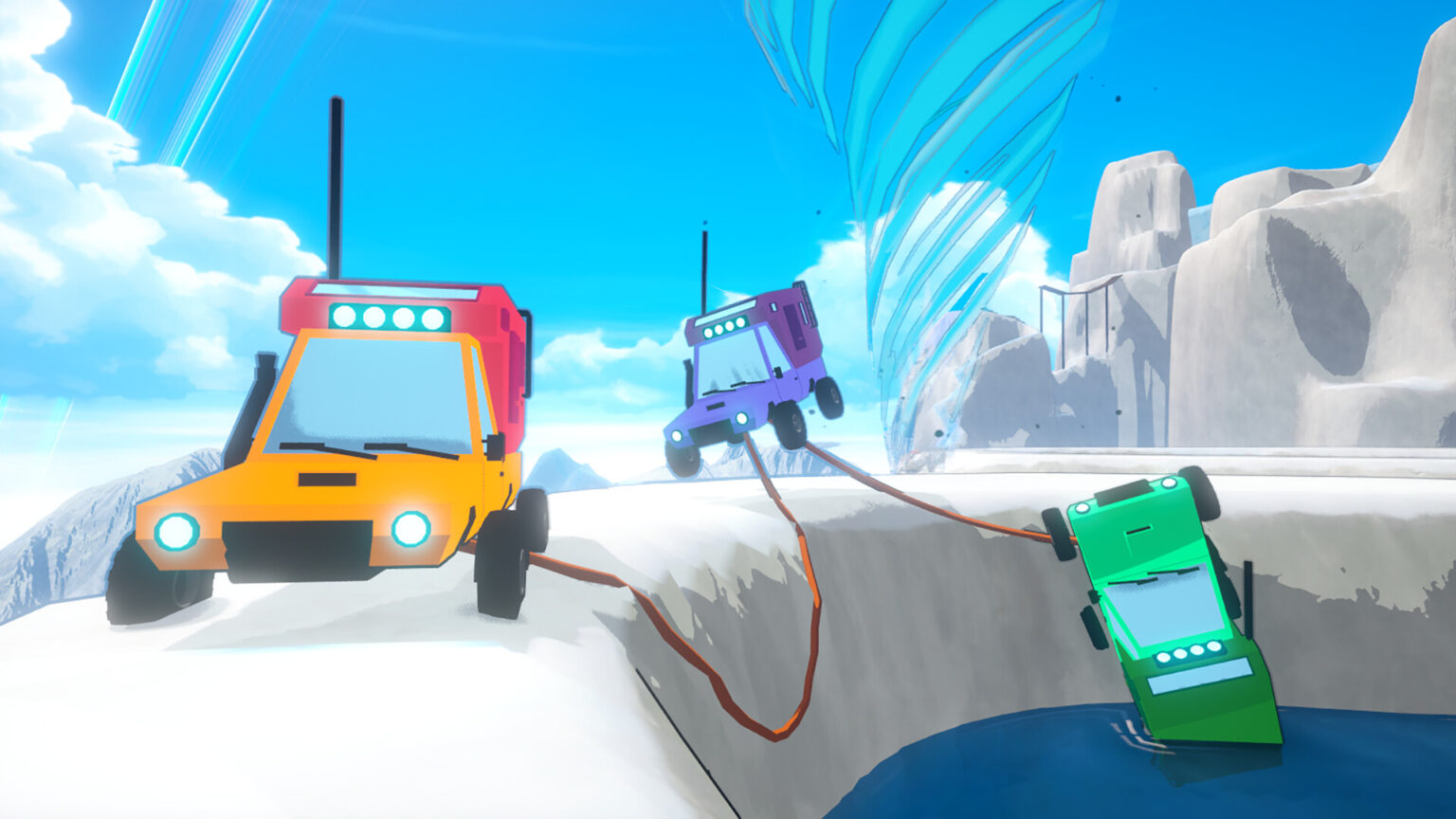 ロープでつながれた車を操作して山頂を目指す。4人協力ドライビングゲーム「Dangerous Mountain Together」，Steamで配信開始