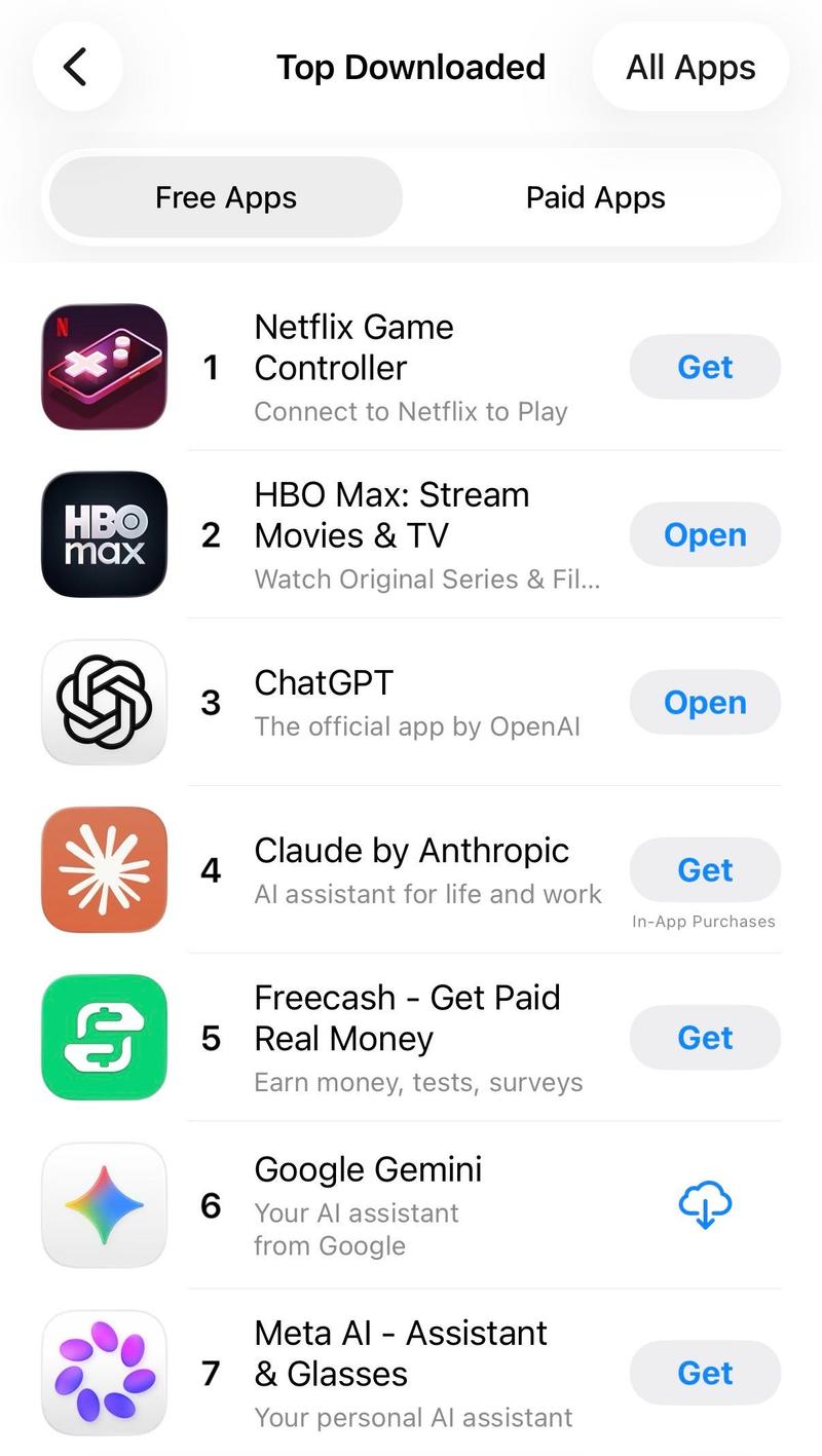 The free App Charts on the App Store is pictured, with Netflix Game Controller in the No. 1 spot.