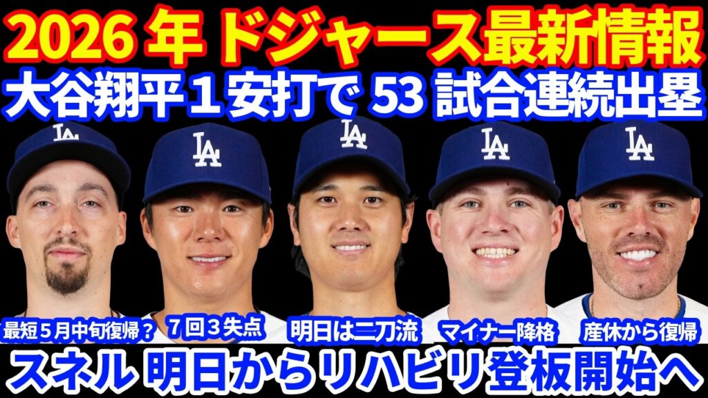 【降格】2026年ドジャース最新情報‼️ 大谷翔平１安打で53試合連続出塁 明日は二刀流で出場予定💪 フリーマン復帰でウォードがマイナー降格 スネルが明日リハビリ登板開始 山本由伸7回3失点