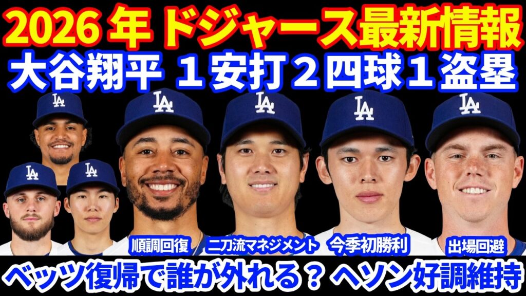 【初勝利】2026年ドジャース最新情報‼️ 大谷翔平１安打２四球１盗塁⚾️ ベッツ復帰時に誰が外れる⁉️ エドマン復帰遅れか⁉️ 佐々木朗希6回途中４失点 今季初勝利⚾️ スミス先発回避も心配無し
