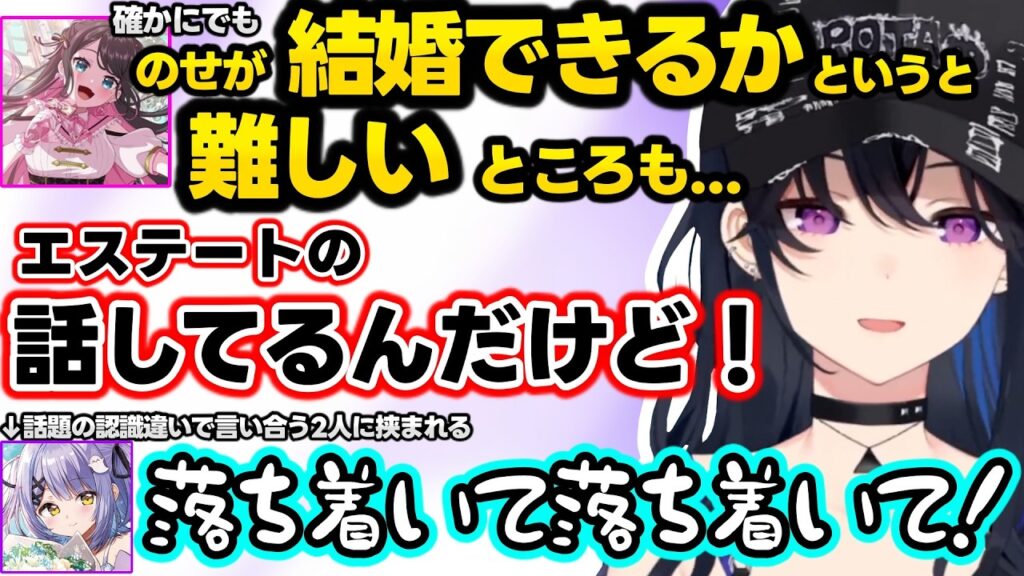 耳から血が出たのせさんの話に焦る2人、結婚できるかの話の食い違いで言い合うのせなずに挟まれる紫宮、トモコレのうるぱんちに物申すのせさんｗｗ【一ノ瀬うるは/花芽なずな/紫宮るな/ぶいすぽ】