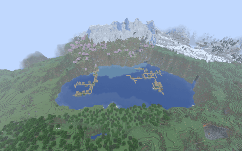 スポーン時の放棄された村と普通の村がある巨大な奇妙な湖