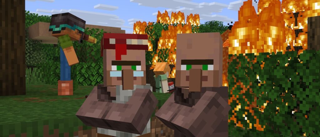 Two villagers are staring at a viewer, while in the background a player is lighting forest on fire and placing TNT while another player is looking at them with a spyglass.