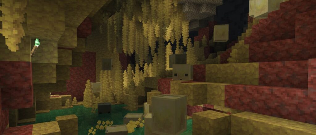 A view of Sulfur Caves with Sulfur Cubes jumping around Sulfur Spikes.