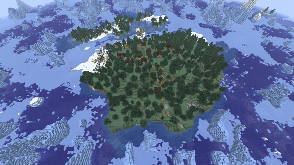 凍った海に囲まれたタイガ村の島、緑豊かな洞窟、試練の部屋