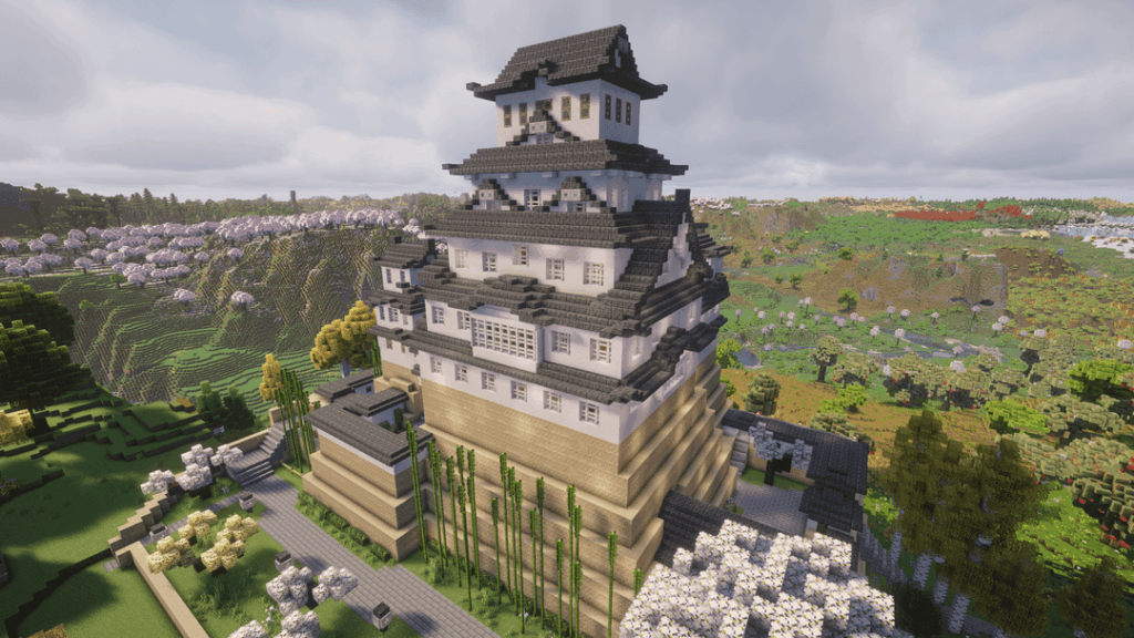 姫路城を再現しました（レゴモデルから（笑））が、純白の外観を忠実に再現しようとしているため、少し平坦で質感のないように見えます（最後のスライドの「参考」）。