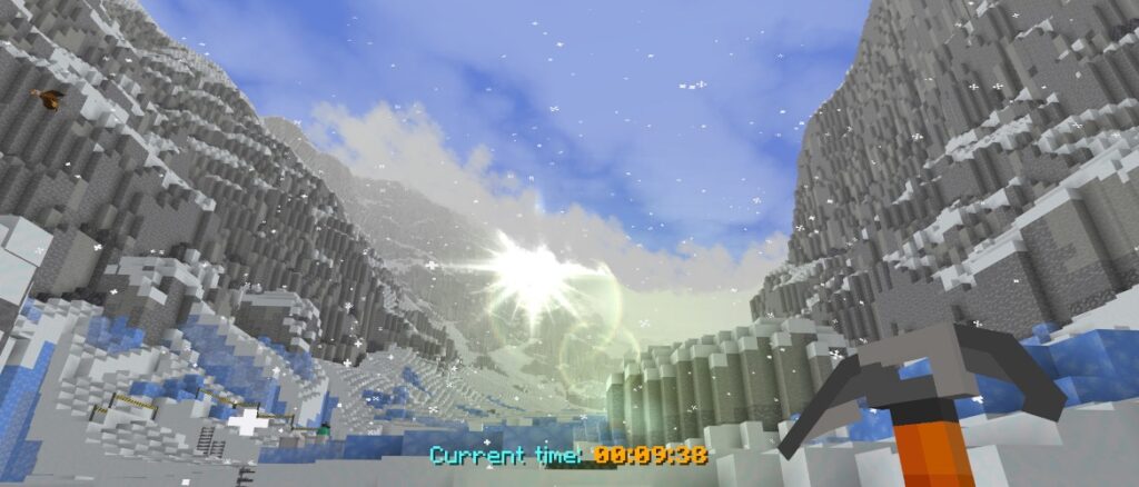 LETS PLAY EVEREST ASCENSION | Minecraft Snowy mountain valley at sunrise with steep icy cliffs, drifting snowflakes, and bright sun glare in the distance
