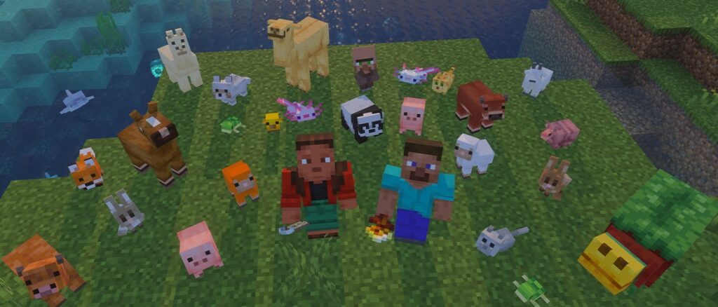 Two Minecraft player characters surrounded by a variety of baby mobs