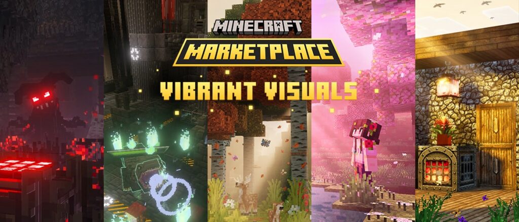 A vibrant collage of different Minecraft worlds from the Marketplace, featuring magical, natural, and homely scenes, with “Vibrant Visuals” and “Minecraft Marketplace” titles in bold yellow letters.