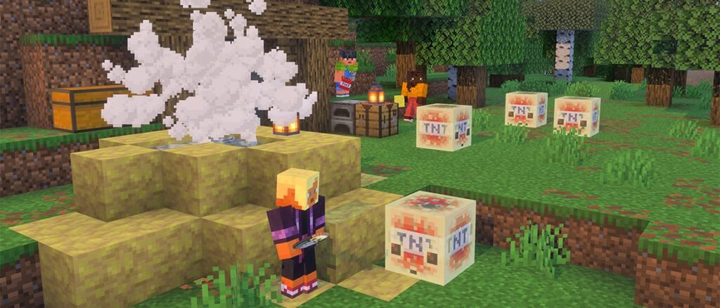 Three players and four sulfur cubes that have absorbed TNT next to a geyser.
