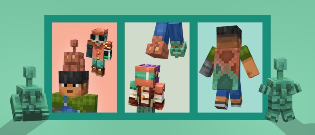 Collage of Minecraft Copper Cape Quest items: copper crown, copper armor, boots, and Copper Cape with two small copper golems