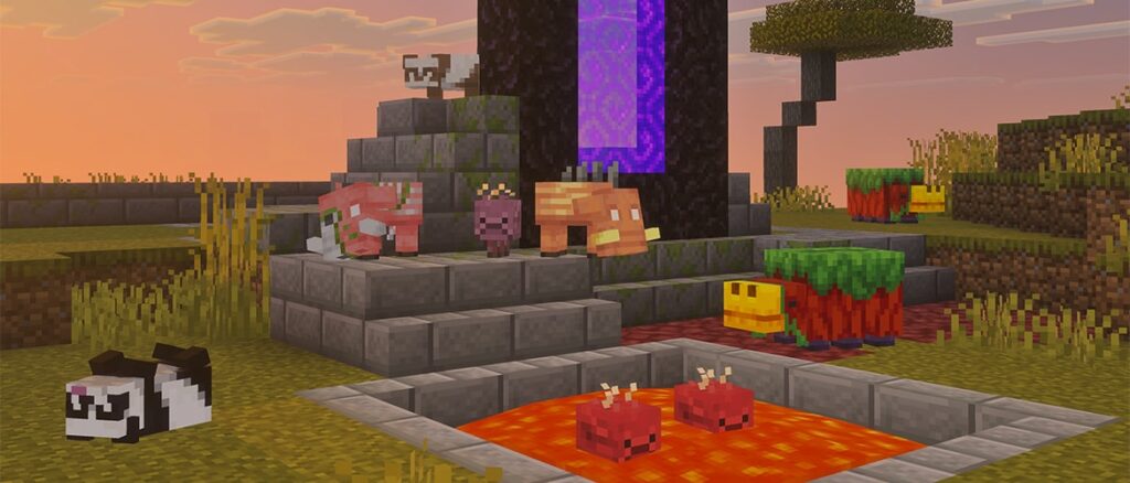 A variety of baby mobs standing around a Nether portal