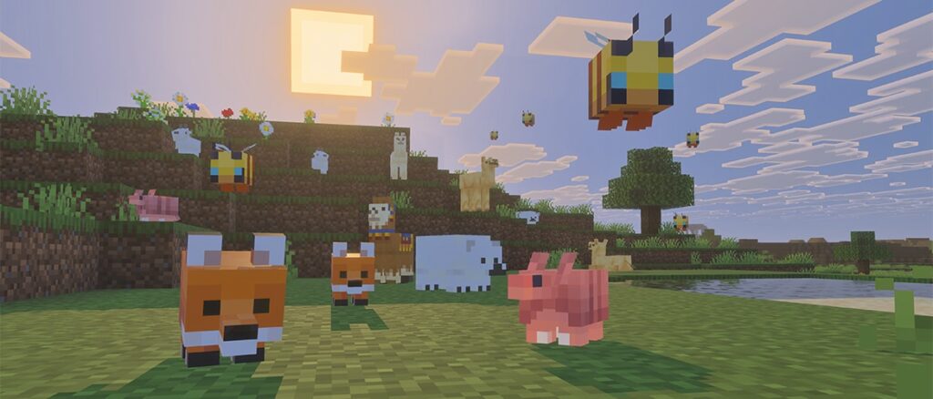 Several baby foxes, a baby polar bear, baby llamas, baby goats, and a baby armadillo stand on a grassy field. Several baby bees hovers above them. Blocky hills and flowers are in the background, with the square sun low in the sky.