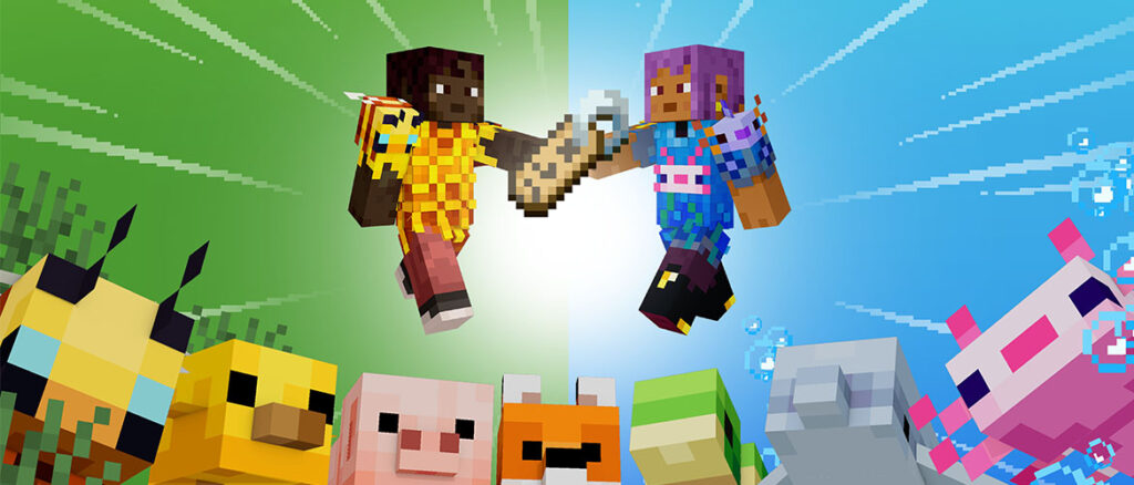 A split screen with two Minecraft player characters holding a name tag in the middle. One player is wearing a baby bee-themed top and is surrounded by several land baby mobs like a pig, bee, chicken, and fox. The other player is wearing a baby axolotl-themed top and is surrounded by a baby axolotl, turtle, and dolphin.