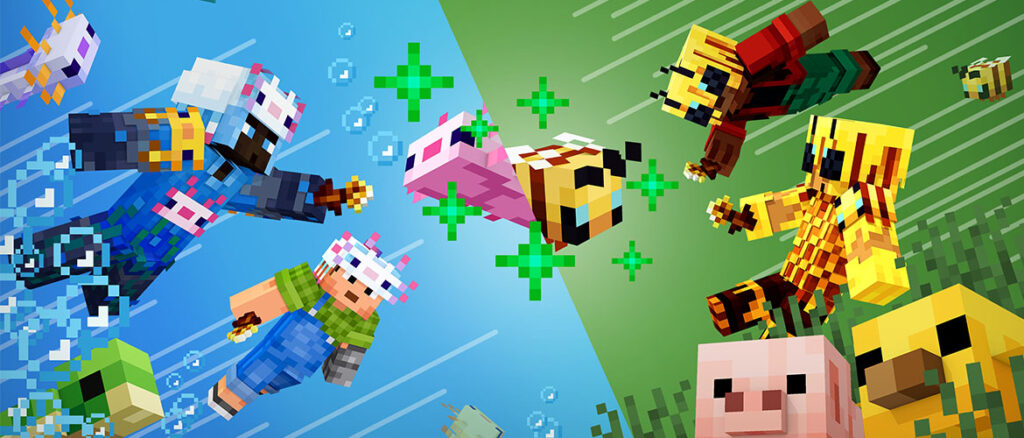 A split blue‑and‑green scene showing Minecraft players and baby mobs flying toward each other. On one side are the land mobs and on the other are the water mobs, creating a playful, energetic mid‑air clash.