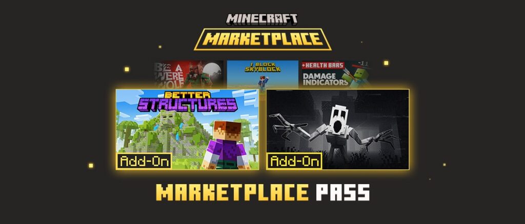 The Minecraft marketplace logo, alongside key art of five Marketplace DLCs, and the text 'Marketplace Pass'