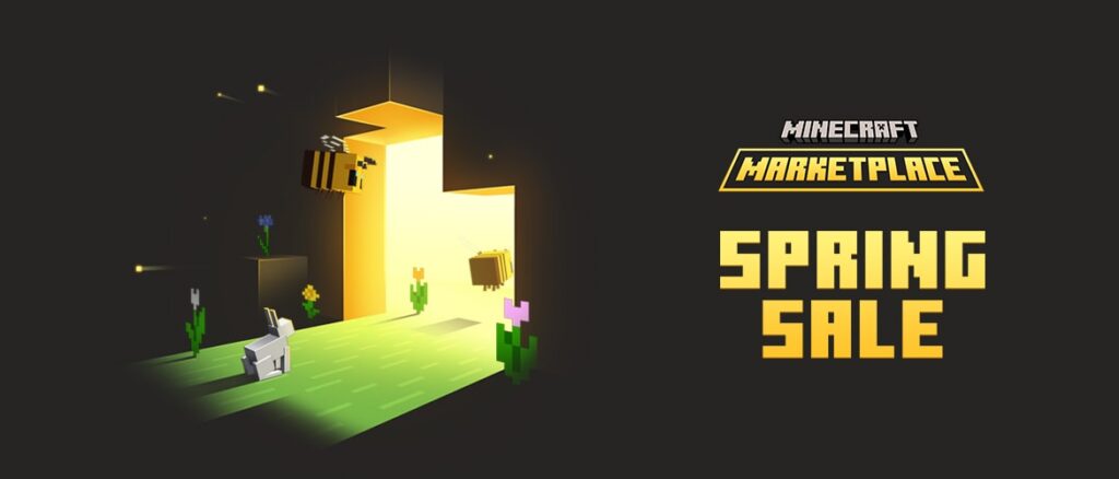 A Minecraft Marketplace Spring Sale banner shows a glowing golden portal lighting up grass and flowers as bees and a rabbit gather beneath bold Spring Sale text