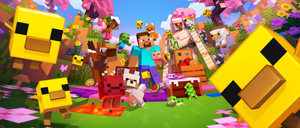 Steve stands among many baby mobs in the cherry grove, with two giant yellow baby chicks photobombing in the foreground.