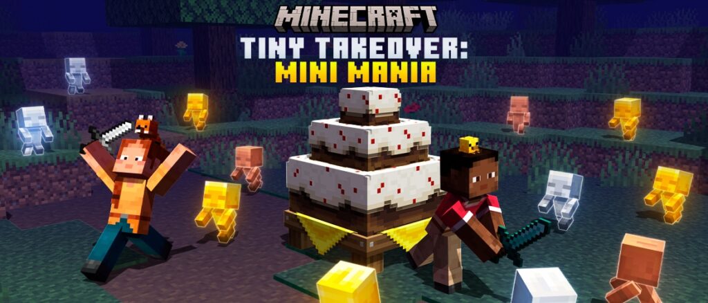 Two player characters defending a cake from many baby zombies. The text on the image says Minecraft Tiny Takeover: Mini Mania