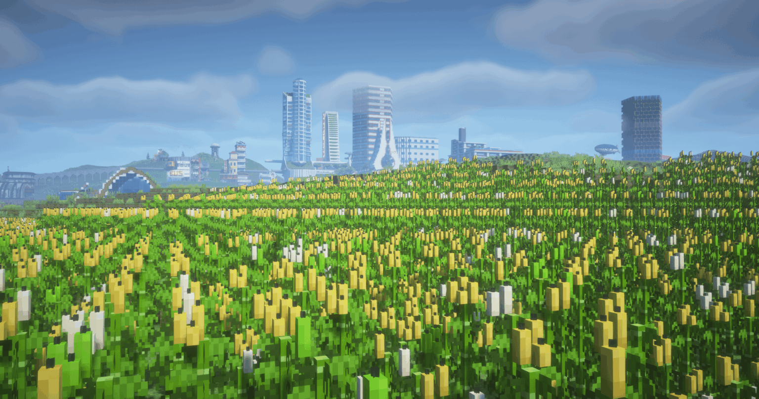 トウモロコシ畑から見たソーラーパンクの街の眺め