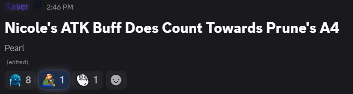 ニコールのATKバフはドジョウパールとJSMによるプルーンのA4 DMG%バフにカウントされます