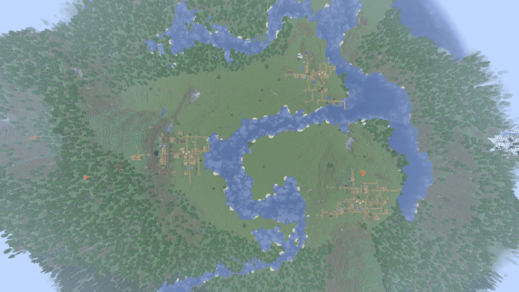 スポーンから数百ブロック南、互いに数百ブロック以内にある 3 つの村と廃墟のポータル (シード: 604685441)