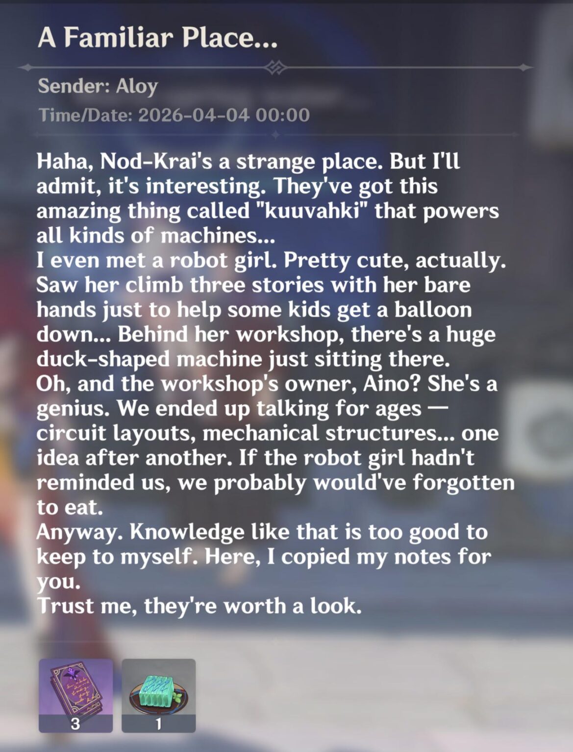 ああ、彼女は今ノッドクライにいるのですか？とにかく、アーロイお誕生日おめでとう！