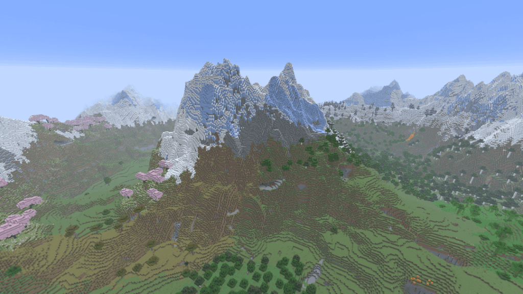 谷に囲まれた巨大な山と、スポーン地点の別の部分的な山脈