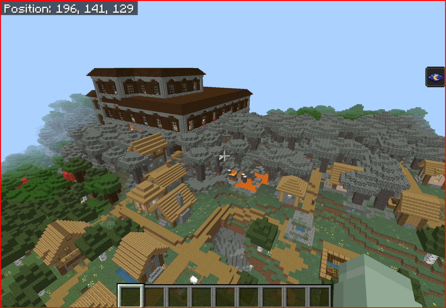 淡い庭園とその下に古代都市がある平原の村の森の邸宅: スポーンから 150 ブロック