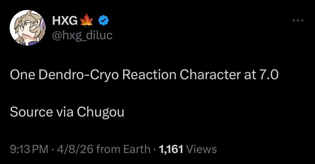 Chugou 経由の 7.0 の Dendro-Cryo 反応キャラクター