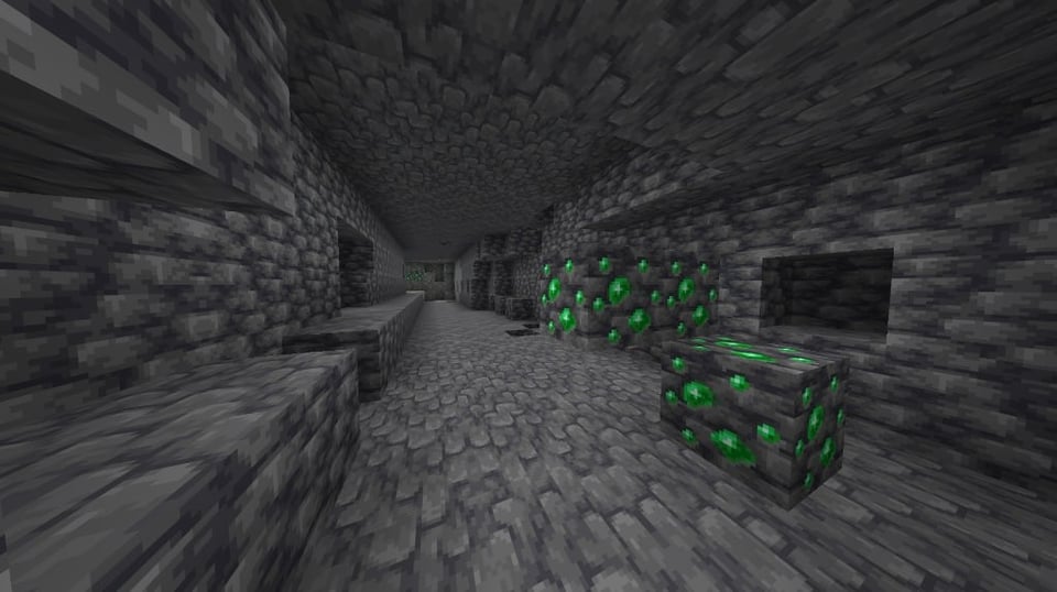 牧草地バイオームでの非常識な深岩石エメラルドの生成 (3 つの鉱脈と 70 ブロック以内にさらに 3 つ)