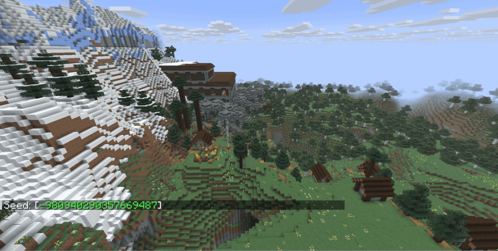 部分的に山に隠された森の邸宅で、その周囲に 6 つのバイオームがあり、その中にはスポーン時に村を何とか生成した非常に小さなタイガが含まれています + 420 ブロック離れた別の邸宅には、大きな溶岩湖のすぐ隣にネザー要塞があり、そこにスポーンする荒廃したポータルがあります