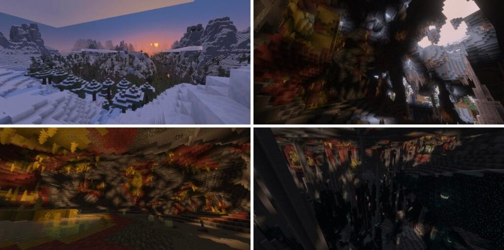 スポーン時に巨大な硫黄の洞窟があるギザギザのリング内の凍ったピーク。